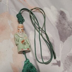 Green Luck God Fukurokuju Ceramic Pendant Necklace